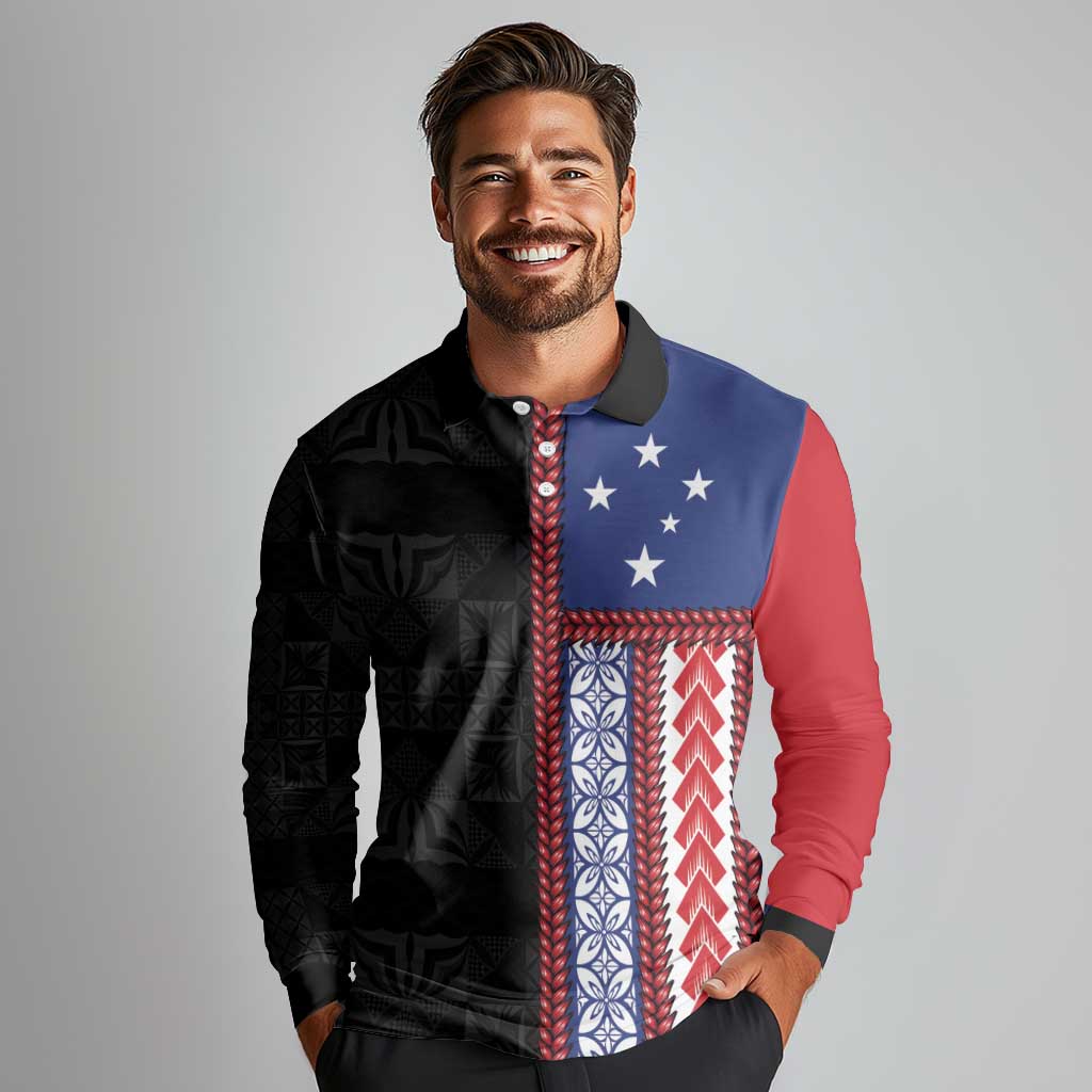 Samoa Flag Long Sleeve Polo Shirt Ula Fala With Samoan Siapo - Polynesian Pride