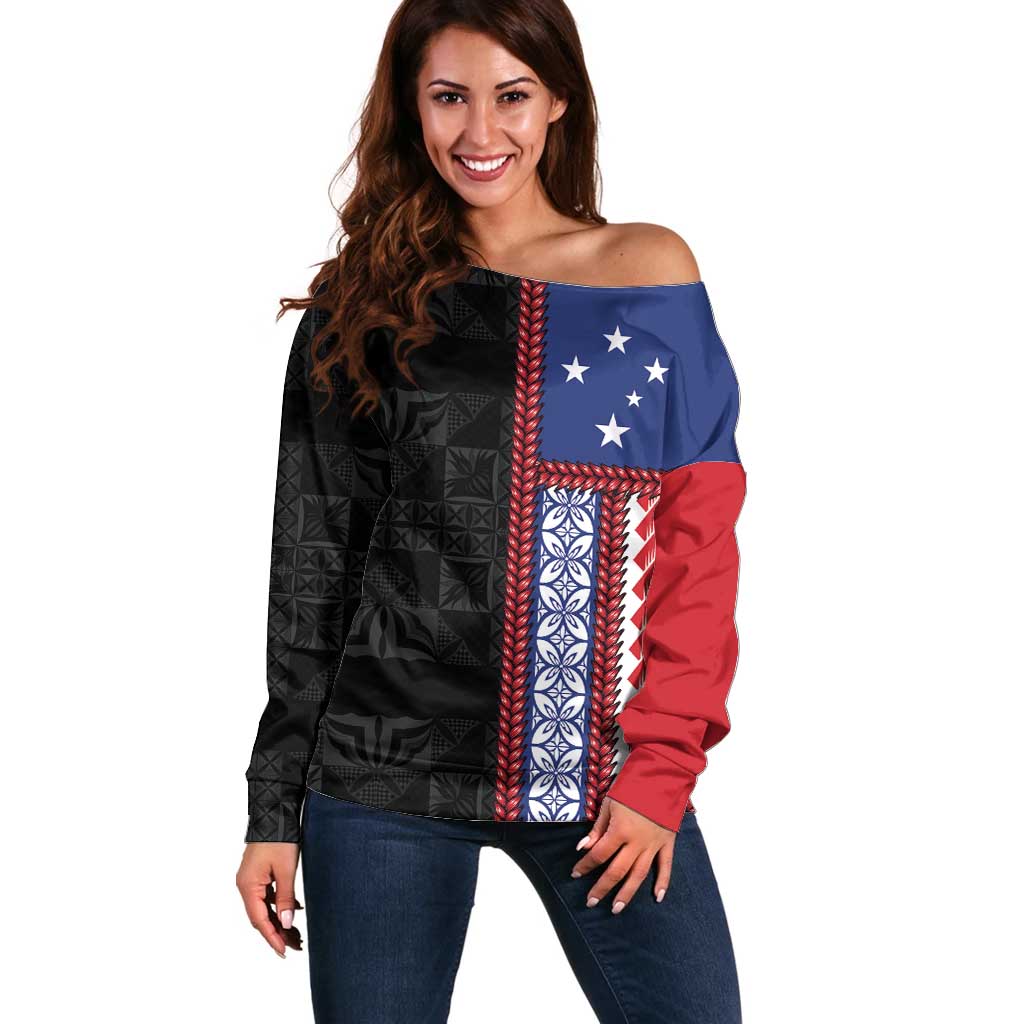 Samoa Flag Off Shoulder Sweater Ula Fala With Samoan Siapo LT05 Women Black - Polynesian Pride