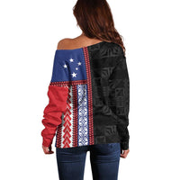 Samoa Flag Off Shoulder Sweater Ula Fala With Samoan Siapo LT05 - Polynesian Pride