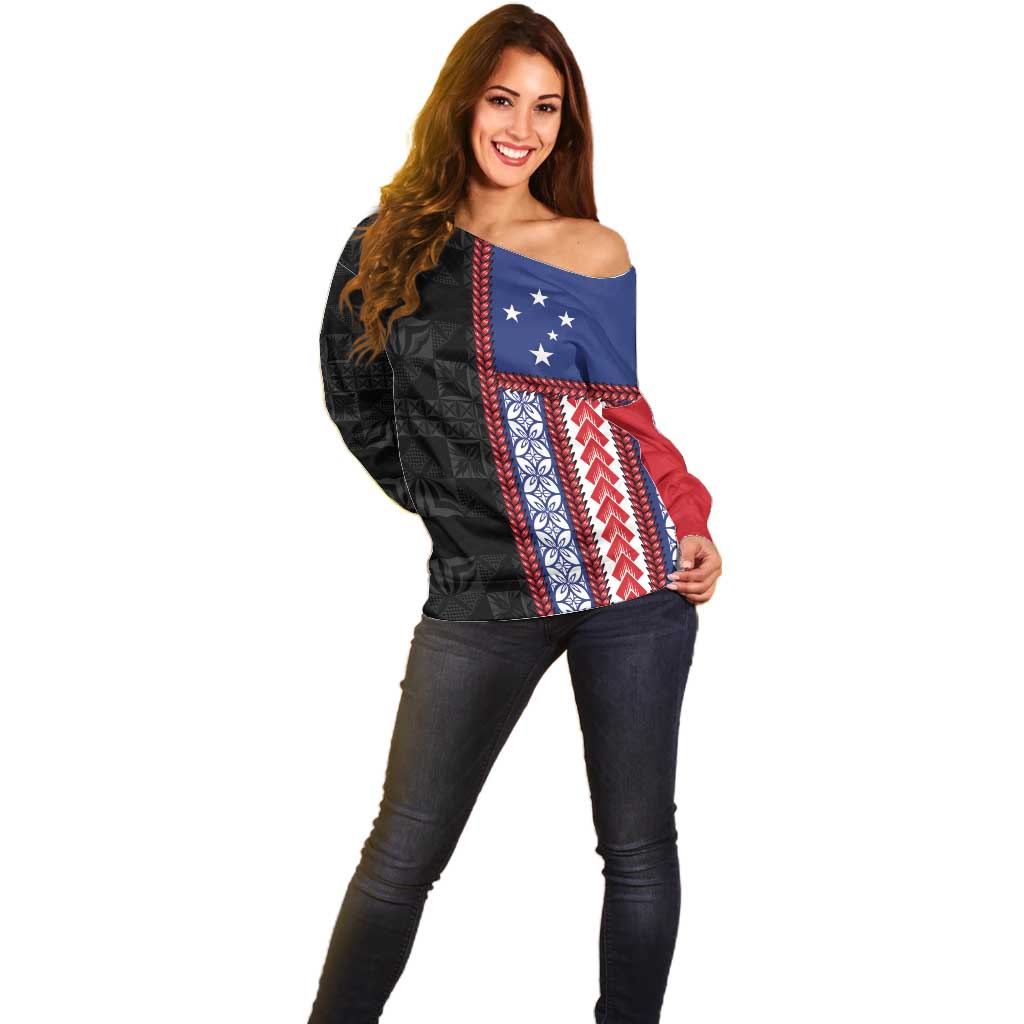 Samoa Flag Off Shoulder Sweater Ula Fala With Samoan Siapo LT05 - Polynesian Pride