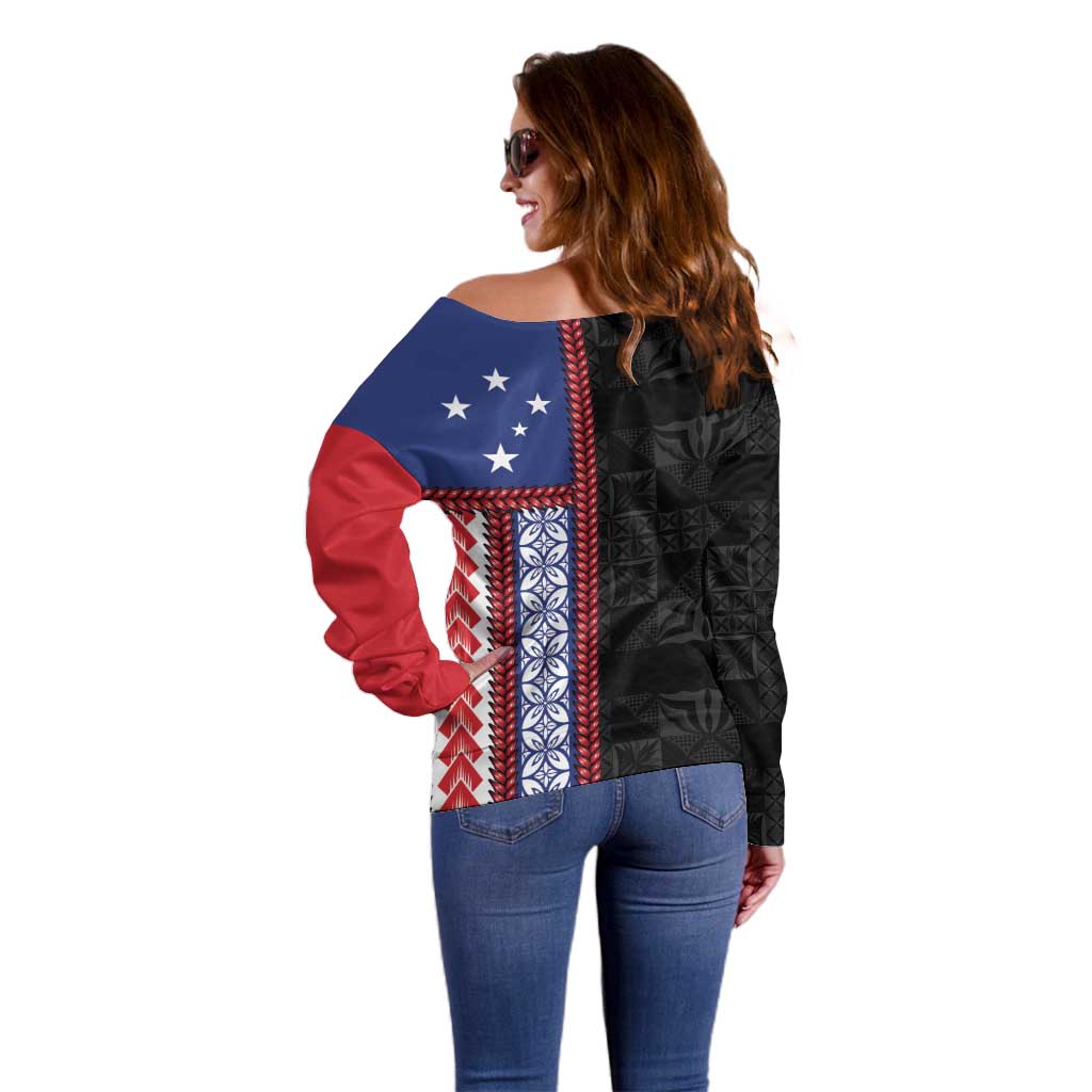 Samoa Flag Off Shoulder Sweater Ula Fala With Samoan Siapo LT05 - Polynesian Pride