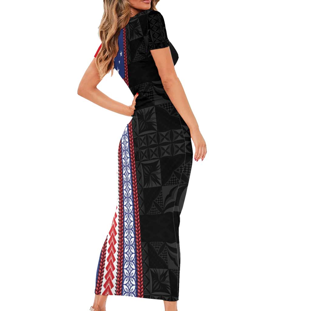 Samoa Flag Short Sleeve Bodycon Dress Ula Fala With Samoan Siapo - Polynesian Pride