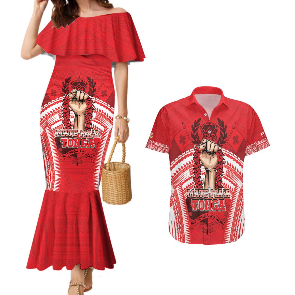 Custom Tonga Rugby Mate Ma'a Couples Matching Mermaid Dress and Hawaiian Shirt Tongan Pride Unique Style - Polynesian Pride