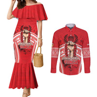 Custom Tonga Rugby Mate Ma'a Couples Matching Mermaid Dress and Long Sleeve Button Shirt Tongan Pride Unique Style LT05 Red - Polynesian Pride