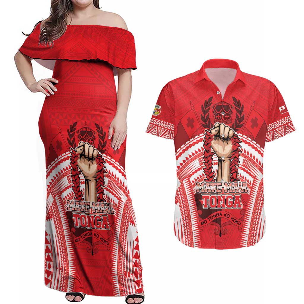 Custom Tonga Rugby Mate Ma'a Couples Matching Off Shoulder Maxi Dress and Hawaiian Shirt Tongan Pride Unique Style LT05 Red - Polynesian Pride