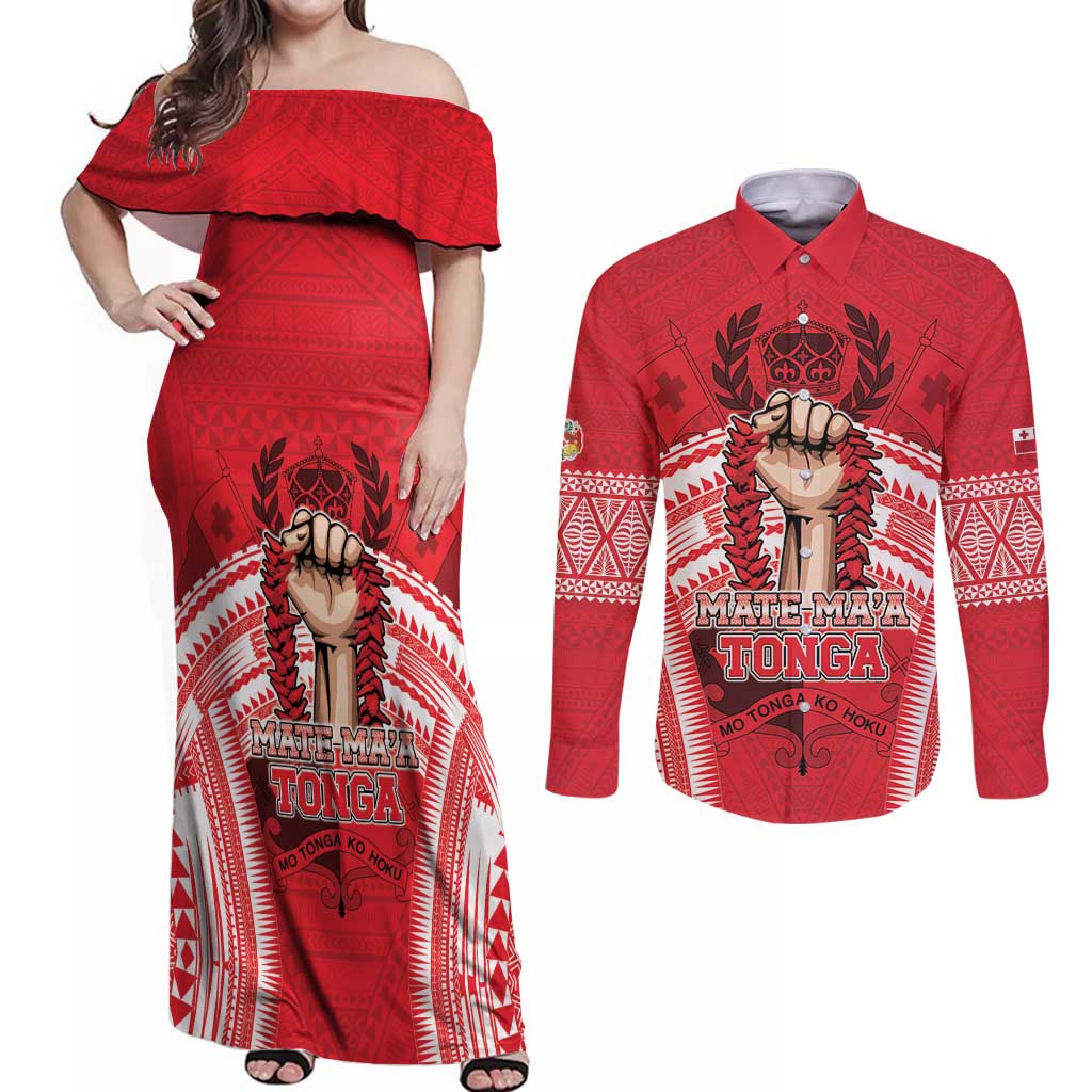 Custom Tonga Rugby Mate Ma'a Couples Matching Off Shoulder Maxi Dress and Long Sleeve Button Shirt Tongan Pride Unique Style LT05 Red - Polynesian Pride