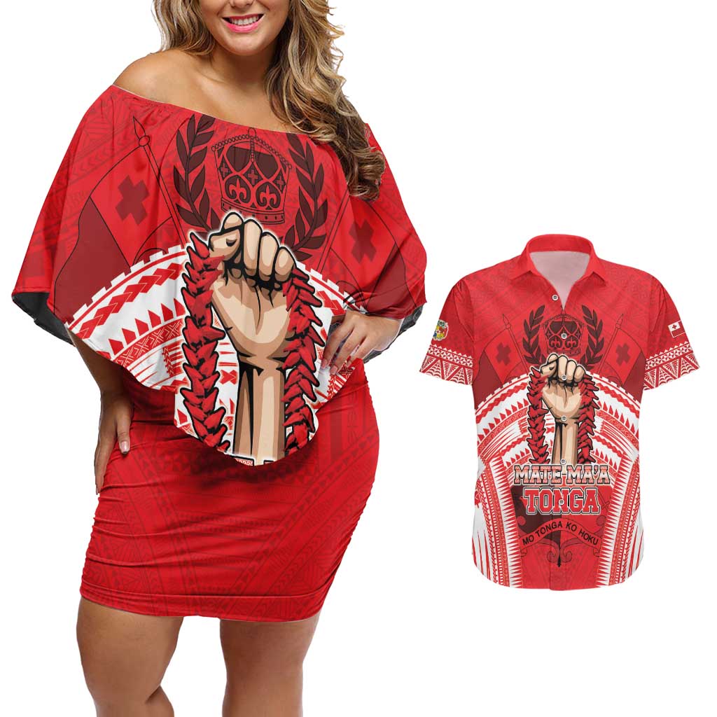 Custom Tonga Rugby Mate Ma'a Couples Matching Off Shoulder Short Dress and Hawaiian Shirt Tongan Pride Unique Style - Polynesian Pride