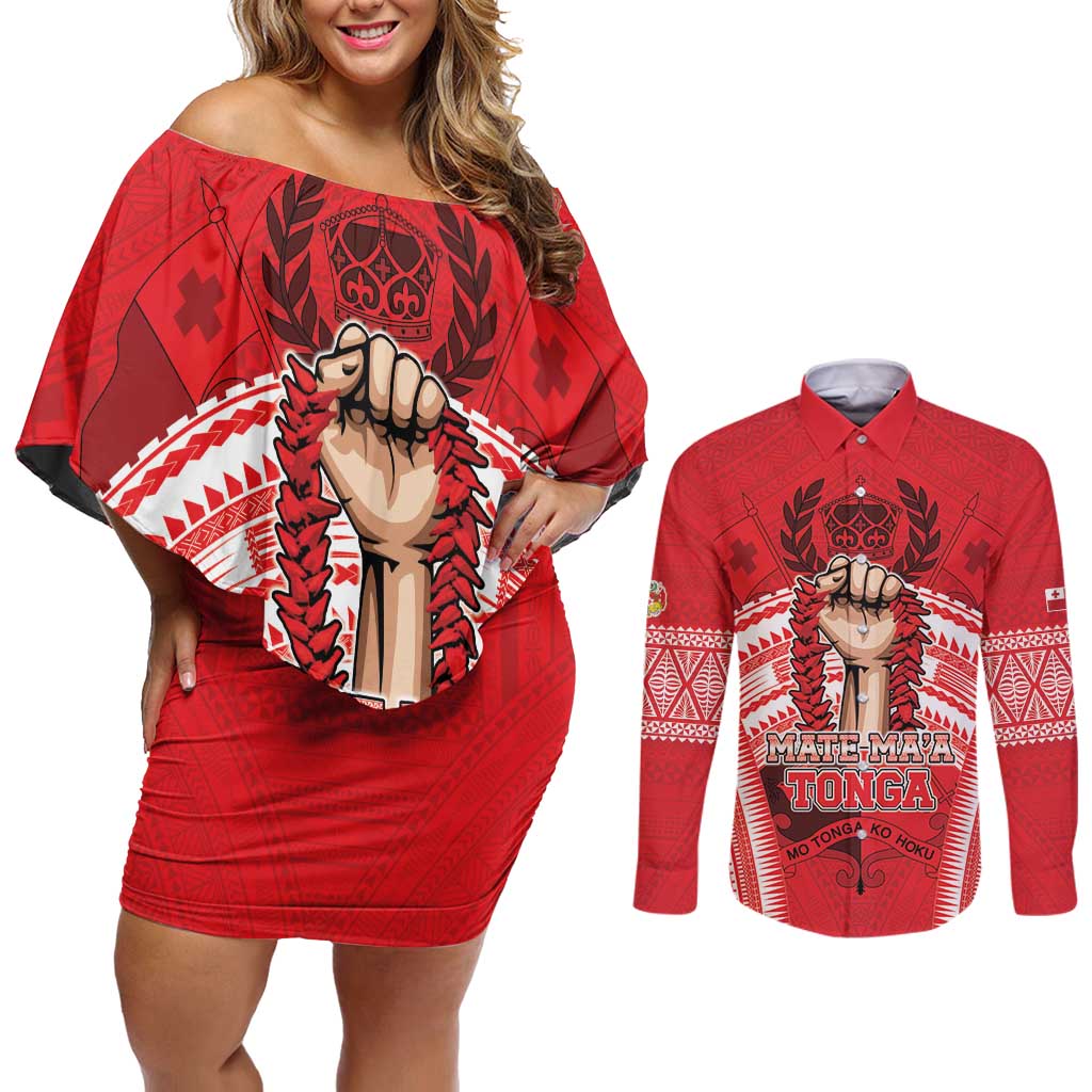 Custom Tonga Rugby Mate Ma'a Couples Matching Off Shoulder Short Dress and Long Sleeve Button Shirt Tongan Pride Unique Style LT05 Red - Polynesian Pride