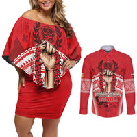 Custom Tonga Rugby Mate Ma'a Couples Matching Off Shoulder Short Dress and Long Sleeve Button Shirt Tongan Pride Unique Style LT05 Red - Polynesian Pride