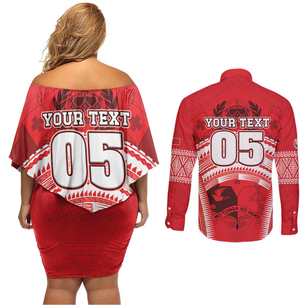 Custom Tonga Rugby Mate Ma'a Couples Matching Off Shoulder Short Dress and Long Sleeve Button Shirt Tongan Pride Unique Style LT05 - Polynesian Pride