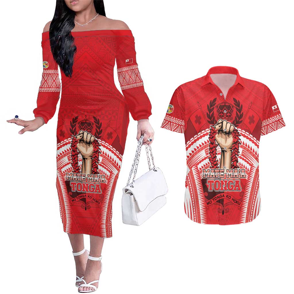 Custom Tonga Rugby Mate Ma'a Couples Matching Off The Shoulder Long Sleeve Dress and Hawaiian Shirt Tongan Pride Unique Style LT05 Red - Polynesian Pride
