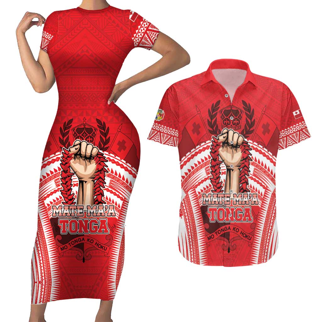 Custom Tonga Rugby Mate Ma'a Couples Matching Short Sleeve Bodycon Dress and Hawaiian Shirt Tongan Pride Unique Style LT05 Red - Polynesian Pride