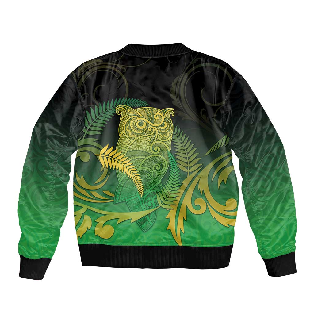 New Zealand Aotearoa Ruru Bomber Jacket Maori Fern Art Green
