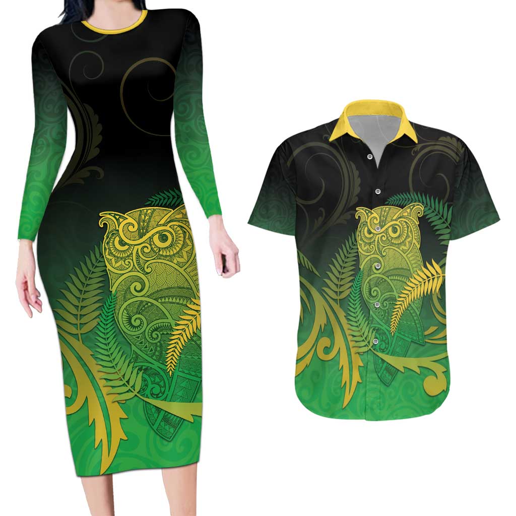 New Zealand Aotearoa Ruru Couples Matching Long Sleeve Bodycon Dress and Hawaiian Shirt Maori Fern Art Green