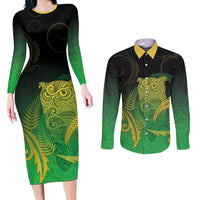 New Zealand Aotearoa Ruru Couples Matching Long Sleeve Bodycon Dress and Long Sleeve Button Shirt Maori Fern Art Green