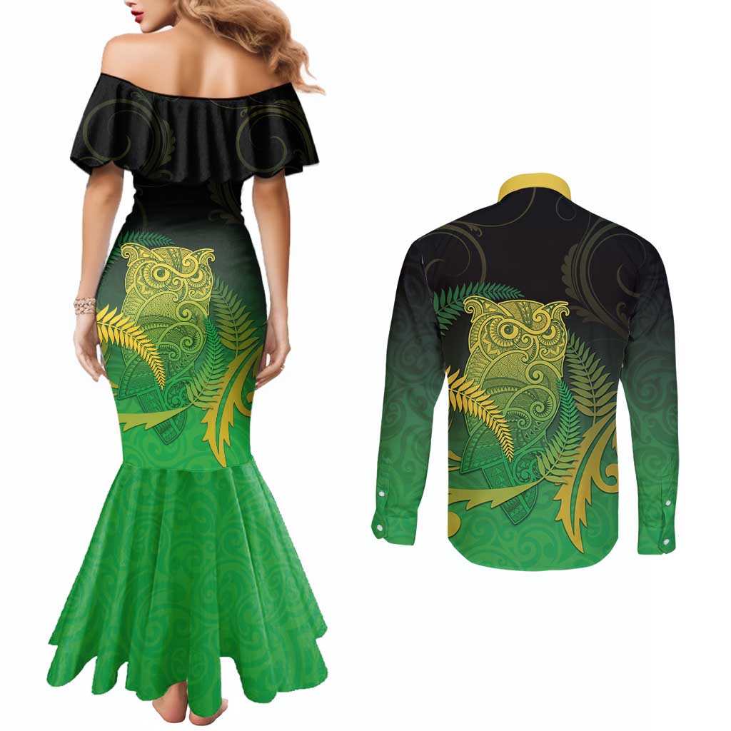 New Zealand Aotearoa Ruru Couples Matching Mermaid Dress and Long Sleeve Button Shirt Maori Fern Art Green