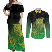 New Zealand Aotearoa Ruru Couples Matching Off Shoulder Maxi Dress and Long Sleeve Button Shirt Maori Fern Art Green