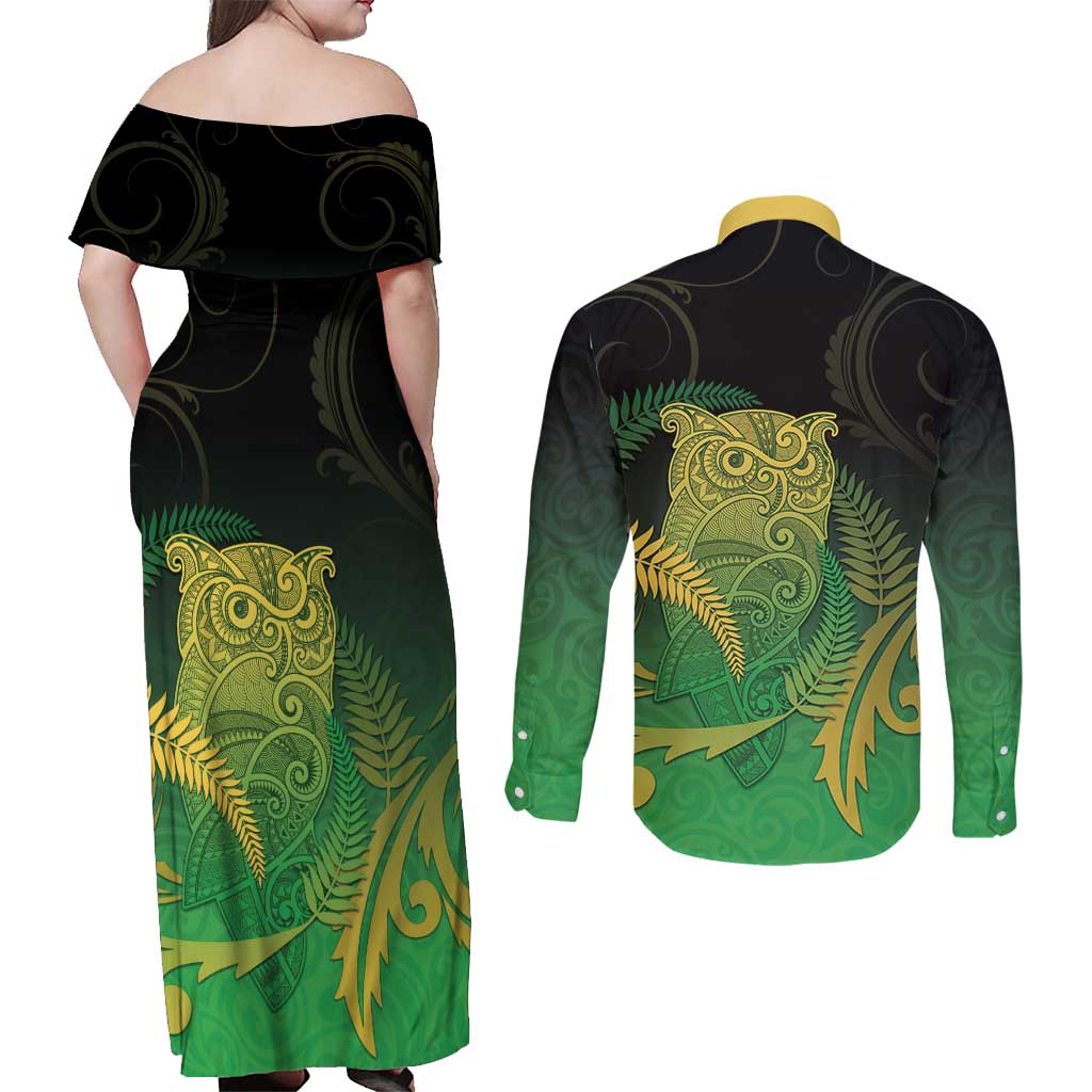 New Zealand Aotearoa Ruru Couples Matching Off Shoulder Maxi Dress and Long Sleeve Button Shirt Maori Fern Art Green