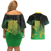 New Zealand Aotearoa Ruru Couples Matching Off Shoulder Short Dress and Hawaiian Shirt Maori Fern Art Green