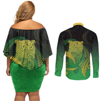 New Zealand Aotearoa Ruru Couples Matching Off Shoulder Short Dress and Long Sleeve Button Shirt Maori Fern Art Green