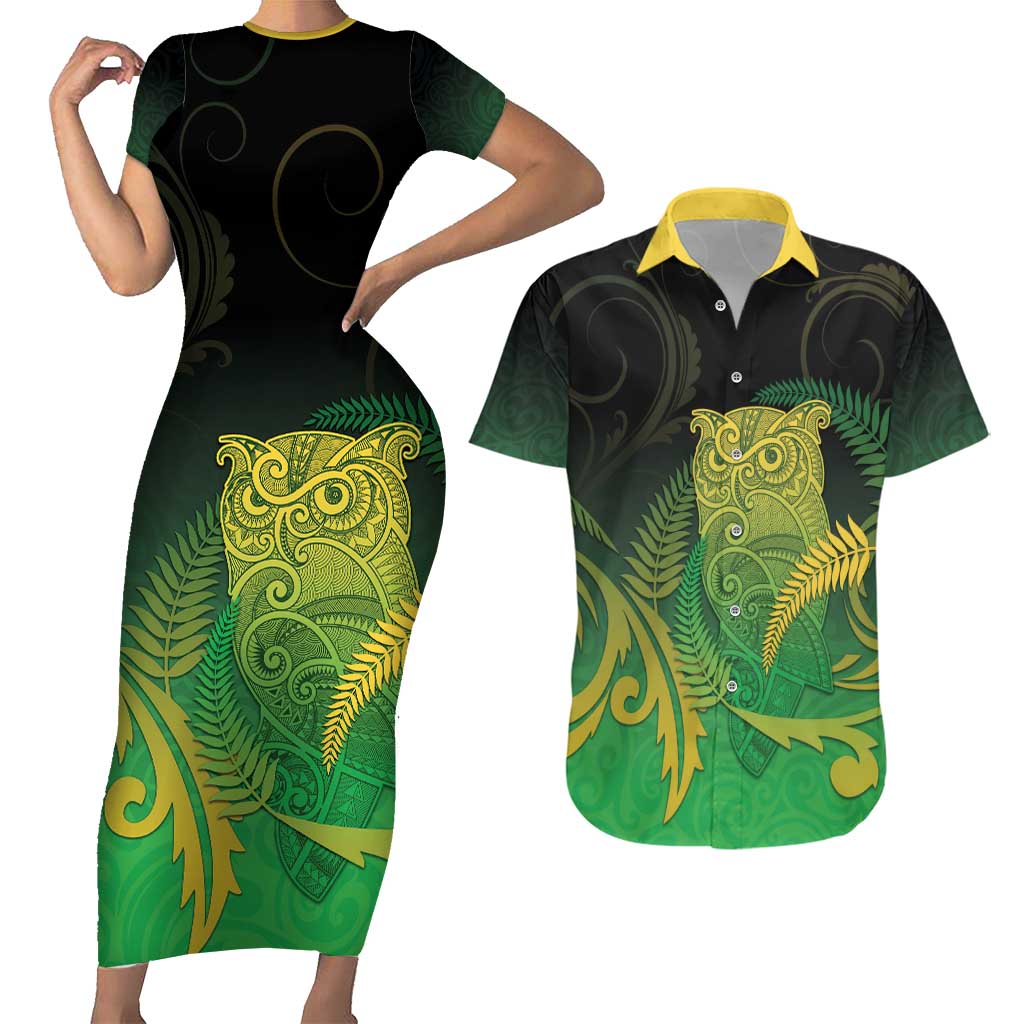 New Zealand Aotearoa Ruru Couples Matching Short Sleeve Bodycon Dress and Hawaiian Shirt Maori Fern Art Green
