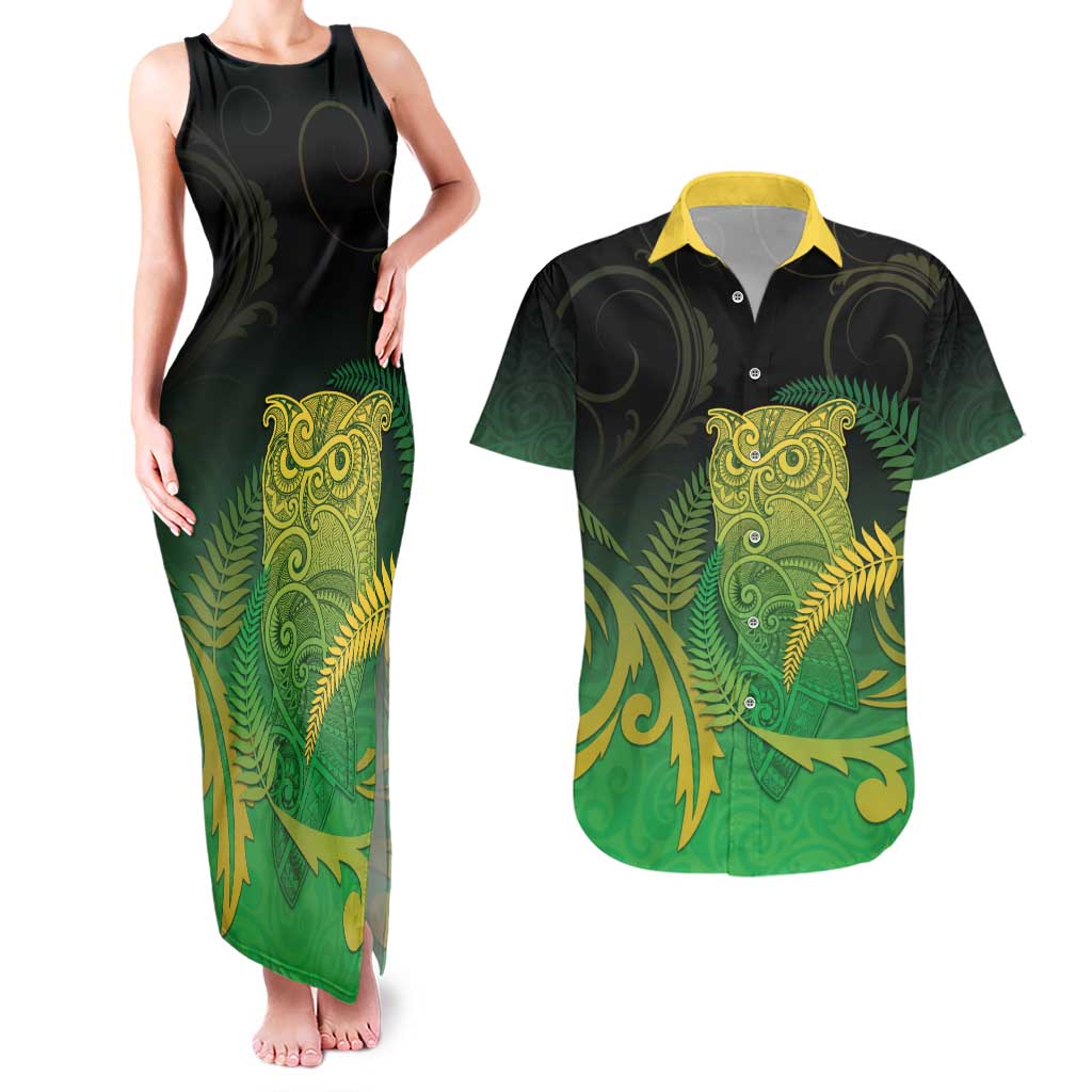 New Zealand Aotearoa Ruru Couples Matching Tank Maxi Dress and Hawaiian Shirt Maori Fern Art Green