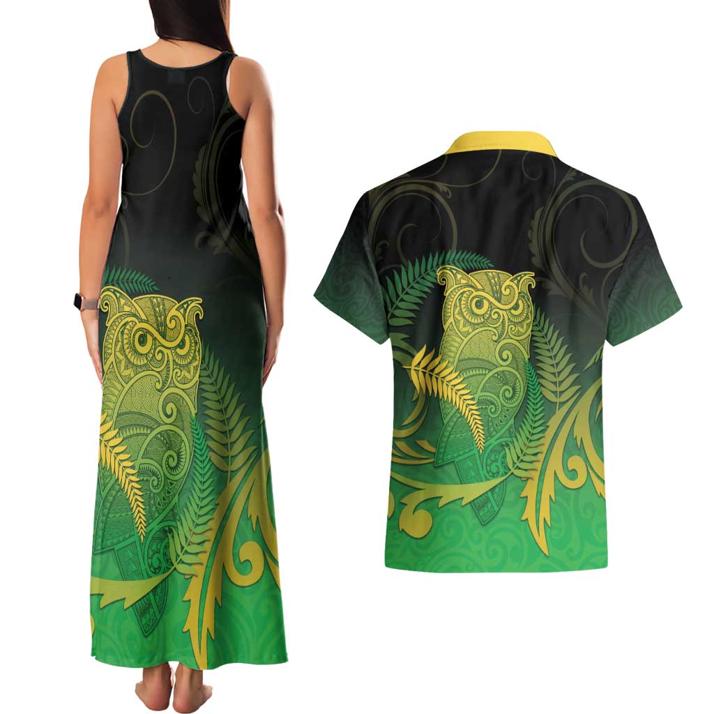 New Zealand Aotearoa Ruru Couples Matching Tank Maxi Dress and Hawaiian Shirt Maori Fern Art Green