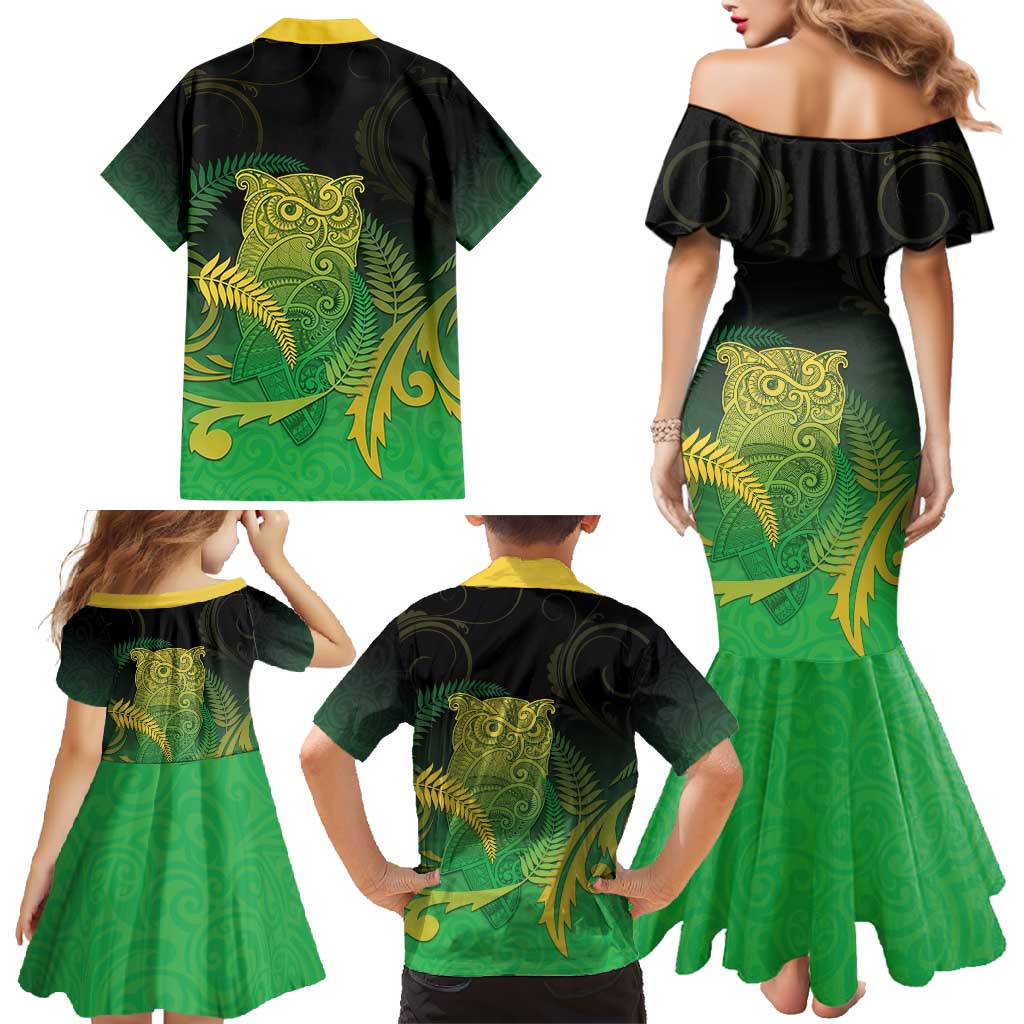 New Zealand Aotearoa Ruru Family Matching Mermaid Dress and Hawaiian Shirt Maori Fern Art Green