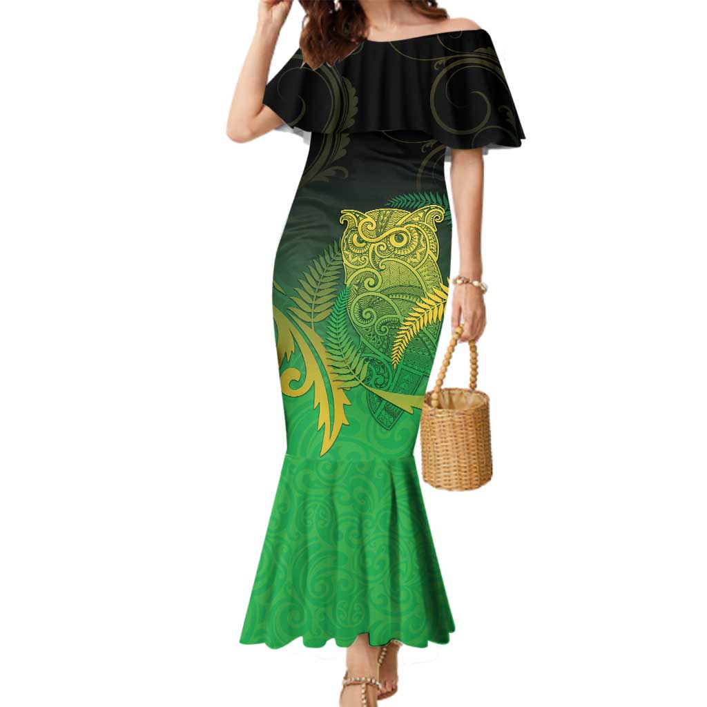 New Zealand Aotearoa Ruru Family Matching Mermaid Dress and Hawaiian Shirt Maori Fern Art Green