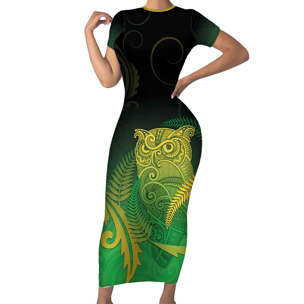 New Zealand Aotearoa Ruru Family Matching Short Sleeve Bodycon Dress and Hawaiian Shirt Maori Fern Art Green