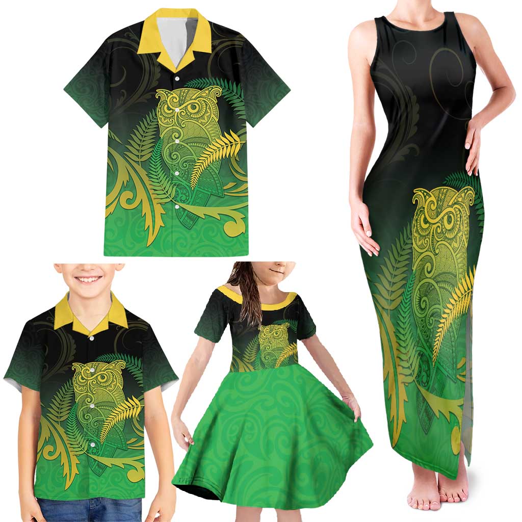 New Zealand Aotearoa Ruru Family Matching Tank Maxi Dress and Hawaiian Shirt Maori Fern Art Green