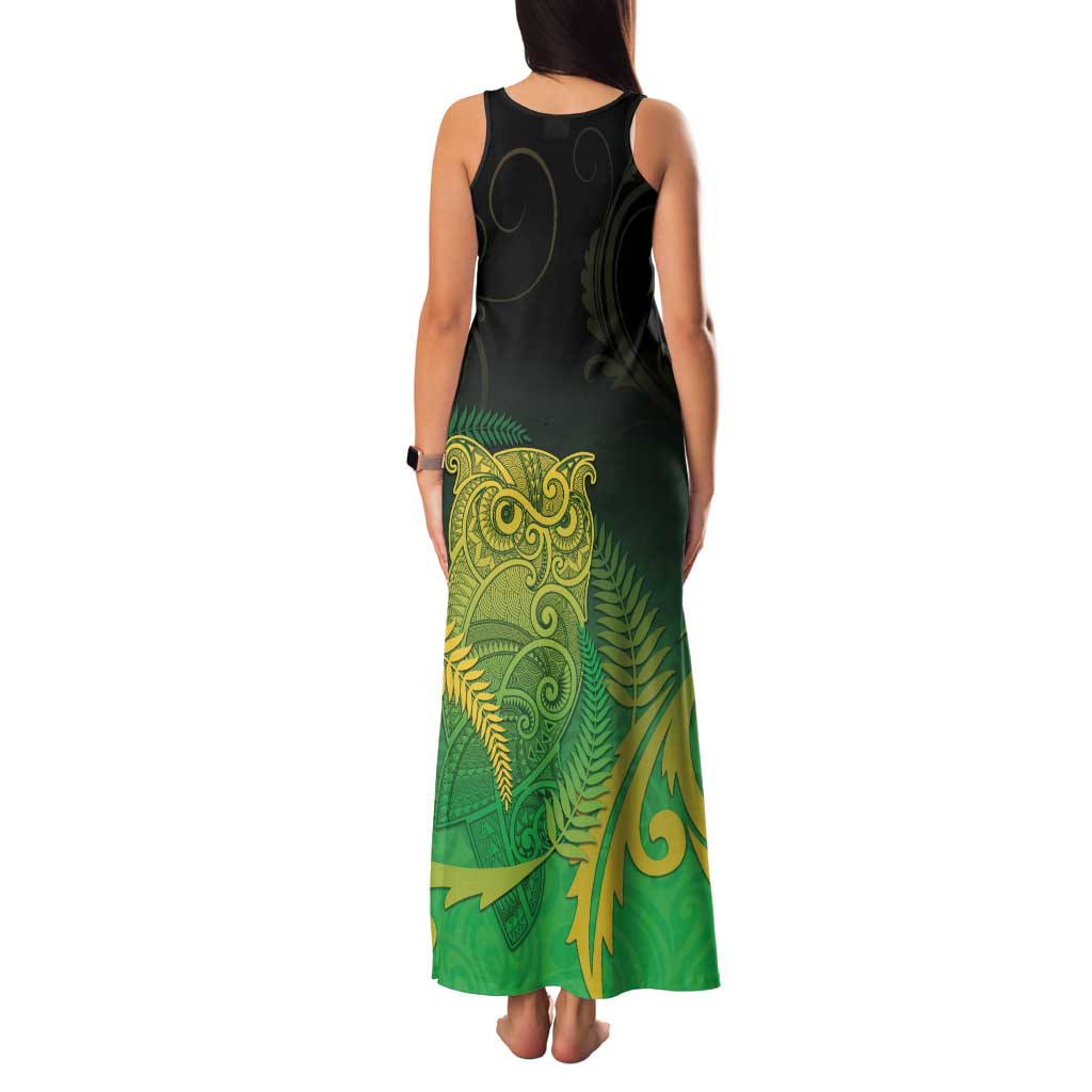 New Zealand Aotearoa Ruru Family Matching Tank Maxi Dress and Hawaiian Shirt Maori Fern Art Green