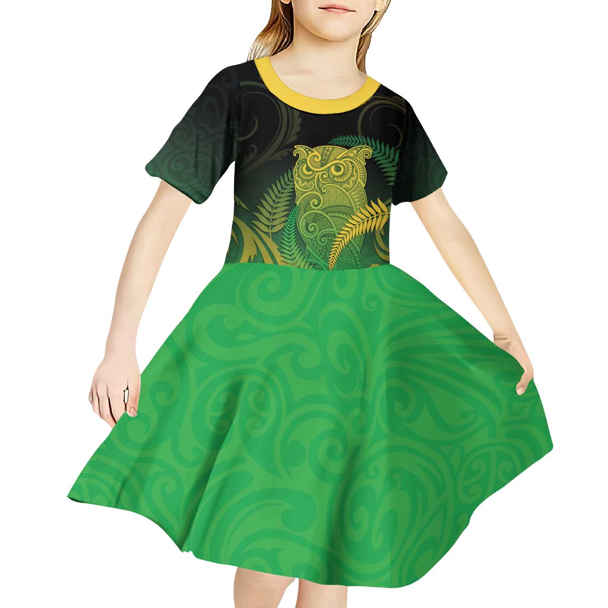New Zealand Aotearoa Ruru Kid Short Sleeve Dress Maori Fern Art Green