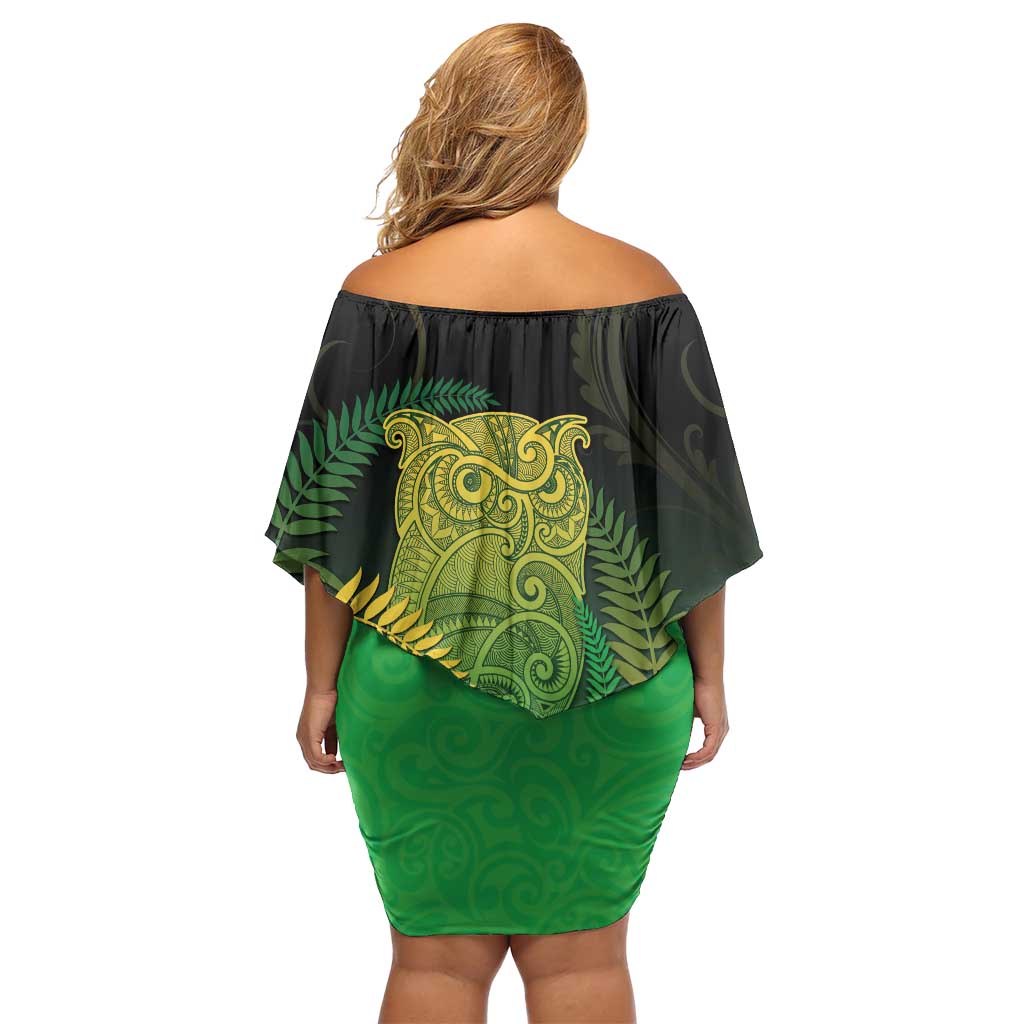 New Zealand Aotearoa Ruru Off Shoulder Short Dress Maori Fern Art Green
