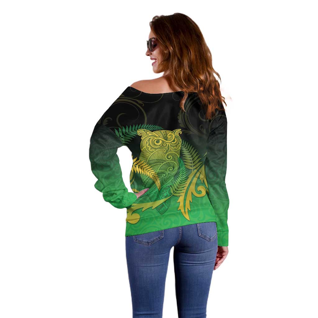 New Zealand Aotearoa Ruru Off Shoulder Sweater Maori Fern Art Green