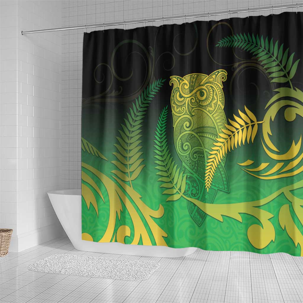 New Zealand Aotearoa Ruru Shower Curtain Maori Fern Art Green