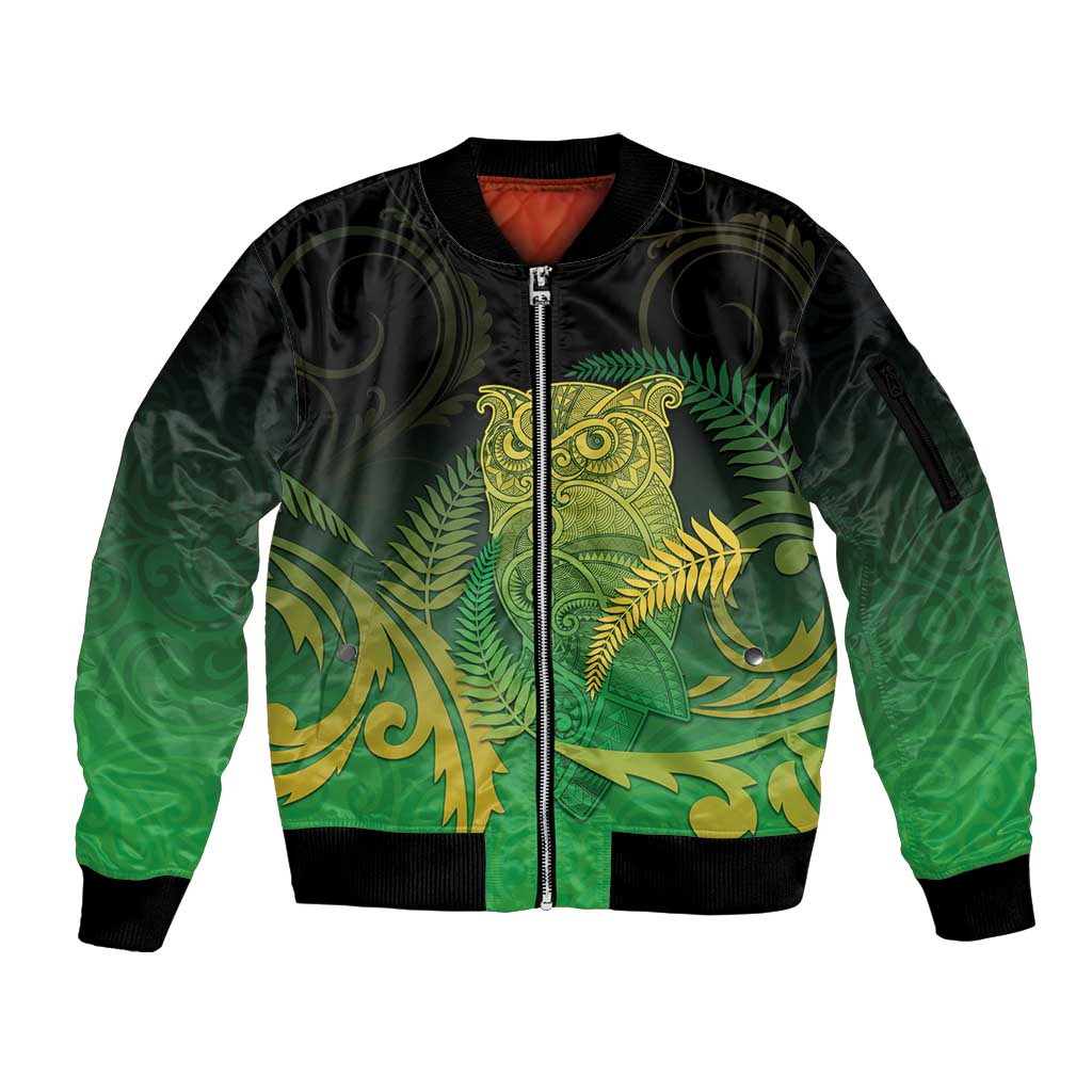 New Zealand Aotearoa Ruru Sleeve Zip Bomber Jacket Maori Fern Art Green