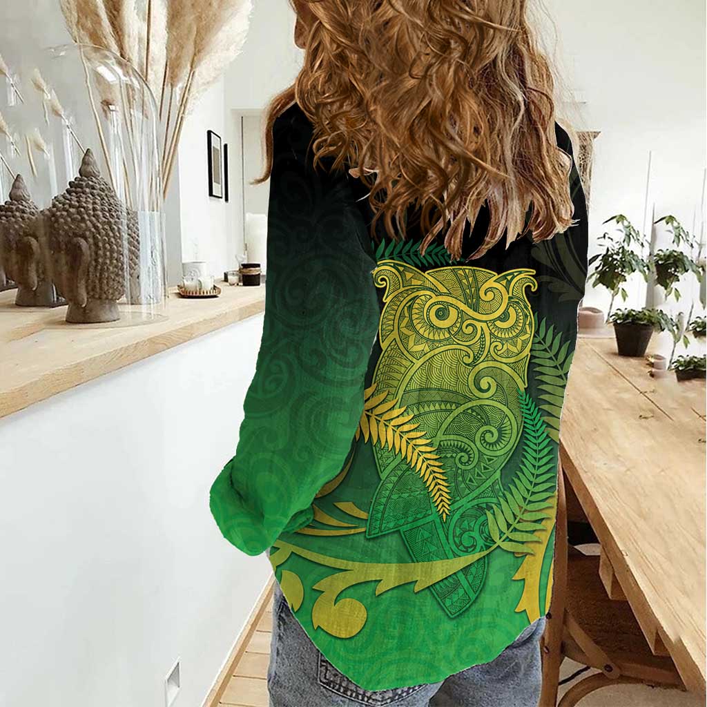 New Zealand Aotearoa Ruru Women Casual Shirt Maori Fern Art Green
