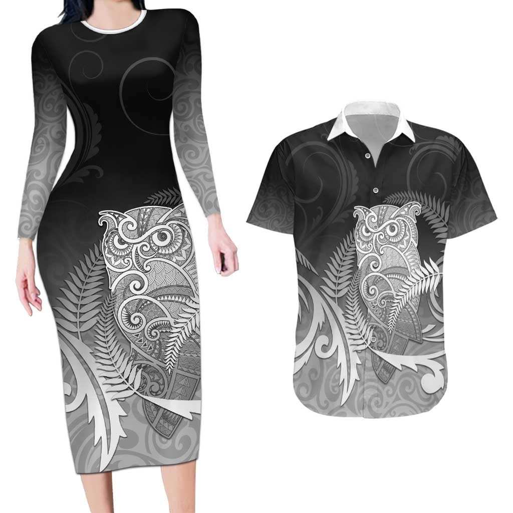 New Zealand Aotearoa Ruru Couples Matching Long Sleeve Bodycon Dress and Hawaiian Shirt Maori Fern Art Black