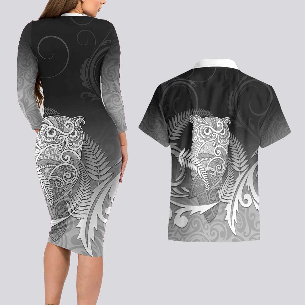 New Zealand Aotearoa Ruru Couples Matching Long Sleeve Bodycon Dress and Hawaiian Shirt Maori Fern Art Black
