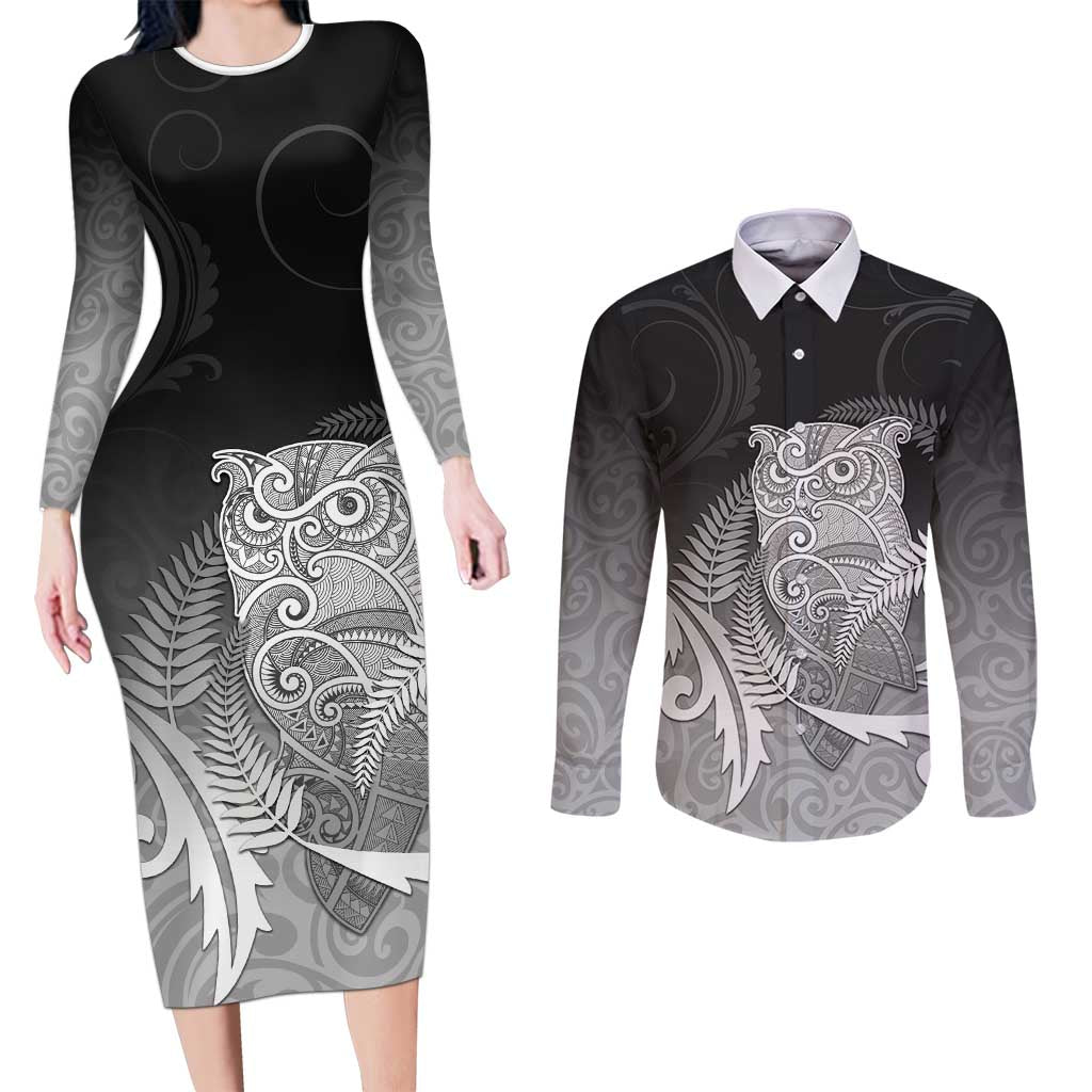 New Zealand Aotearoa Ruru Couples Matching Long Sleeve Bodycon Dress and Long Sleeve Button Shirt Maori Fern Art Black LT05 Black - Polynesian Pride