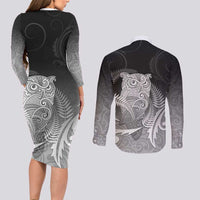 New Zealand Aotearoa Ruru Couples Matching Long Sleeve Bodycon Dress and Long Sleeve Button Shirt Maori Fern Art Black