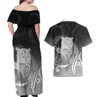 New Zealand Aotearoa Ruru Couples Matching Off Shoulder Maxi Dress and Hawaiian Shirt Maori Fern Art Black
