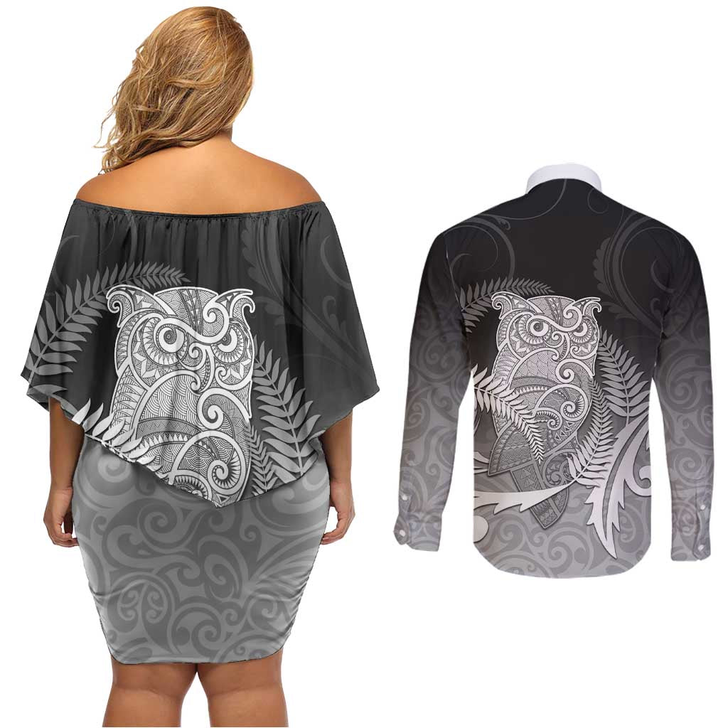 New Zealand Aotearoa Ruru Couples Matching Off Shoulder Short Dress and Long Sleeve Button Shirt Maori Fern Art Black