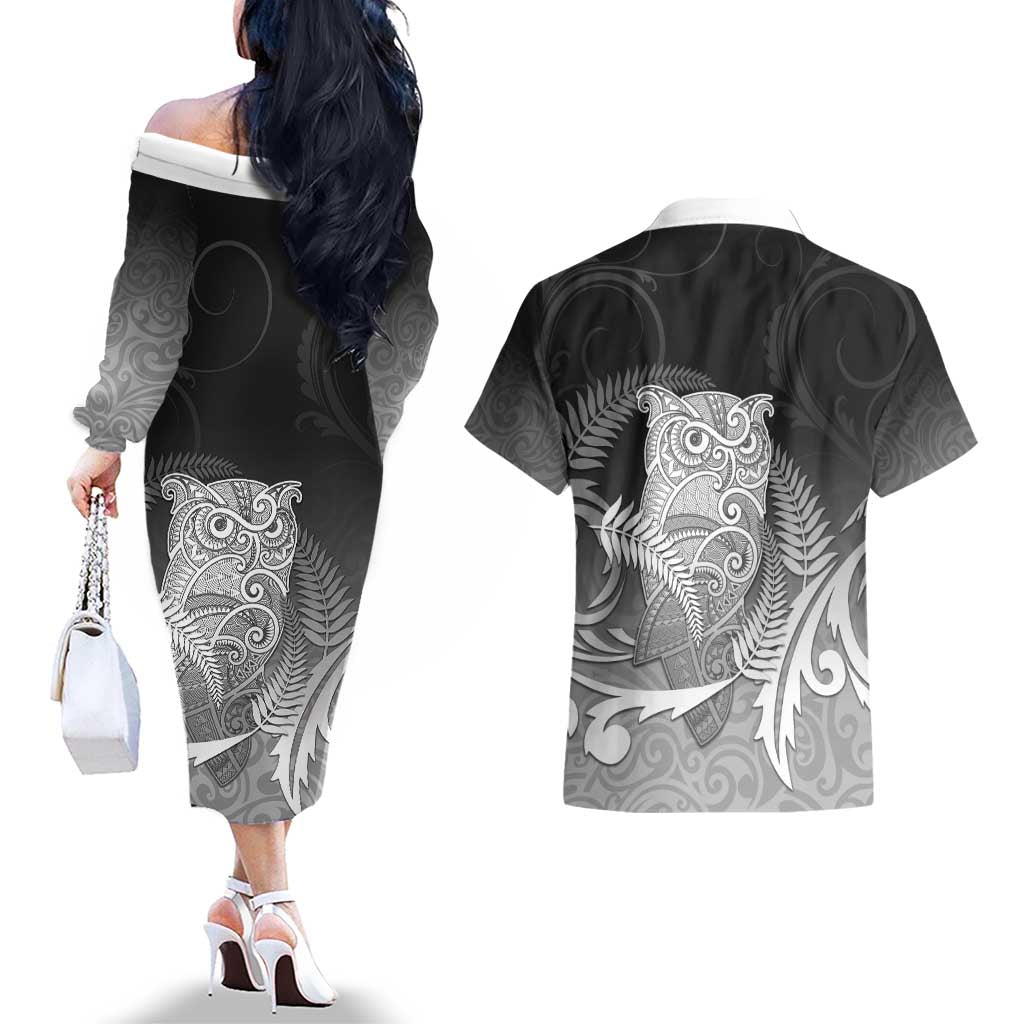 New Zealand Aotearoa Ruru Couples Matching Off The Shoulder Long Sleeve Dress and Hawaiian Shirt Maori Fern Art Black