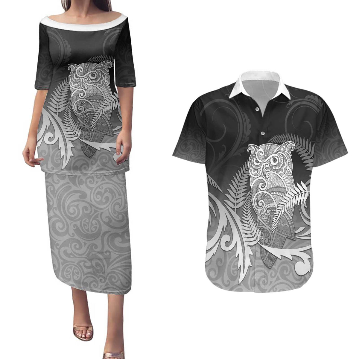 New Zealand Aotearoa Ruru Couples Matching Puletasi and Hawaiian Shirt Maori Fern Art Black