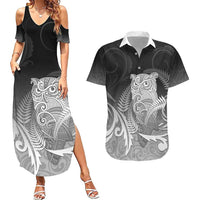 New Zealand Aotearoa Ruru Couples Matching Summer Maxi Dress and Hawaiian Shirt Maori Fern Art Black