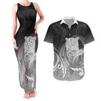 New Zealand Aotearoa Ruru Couples Matching Tank Maxi Dress and Hawaiian Shirt Maori Fern Art Black