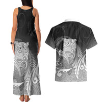 New Zealand Aotearoa Ruru Couples Matching Tank Maxi Dress and Hawaiian Shirt Maori Fern Art Black
