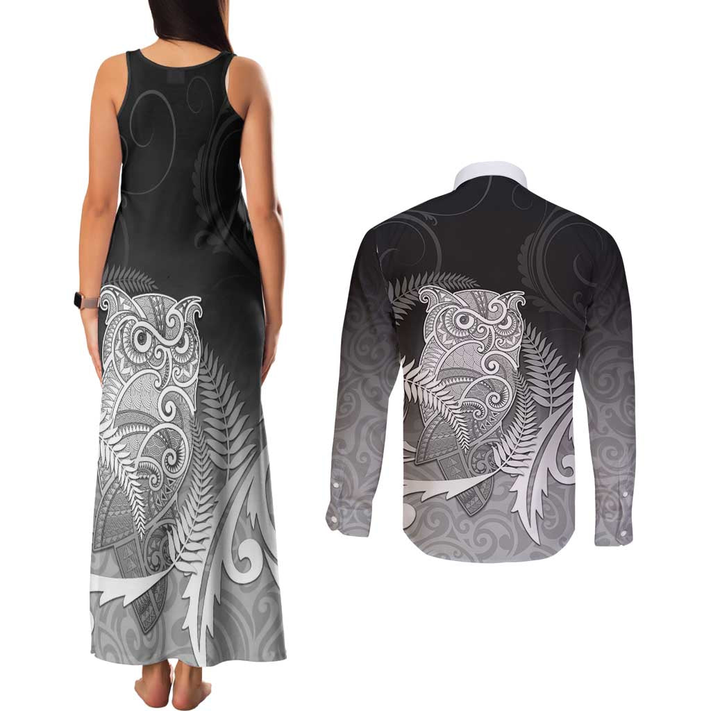 New Zealand Aotearoa Ruru Couples Matching Tank Maxi Dress and Long Sleeve Button Shirt Maori Fern Art Black